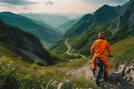 Biker on a mountain trail, waiting to go downhill while surrounded by a stunning landscape. This illustration captures the excitement and adrenaline of mountain biking, and would be perfect for use in posters, advertisements, or any project related to adventure sports. Ai generatedの素材