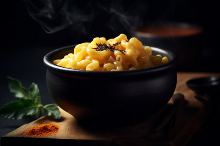This illustration depicts a black plate of steaming hot cheese macaroni, representing the comforting and indulgent nature of this classic dish. Ai generatedの素材