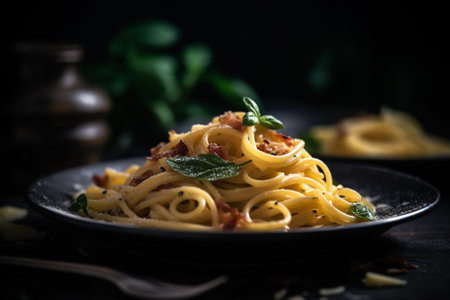 This illustration depicts a delicious black plate of classic Italian pasta carbonara, with creamy sauce, crispy pancetta, and grated Parmigiano cheese on top. Ai generatedの素材