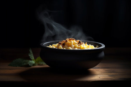 This illustration depicts a black plate of steaming hot cheese macaroni, representing the comforting and indulgent nature of this classic dish. Ai generatedの素材