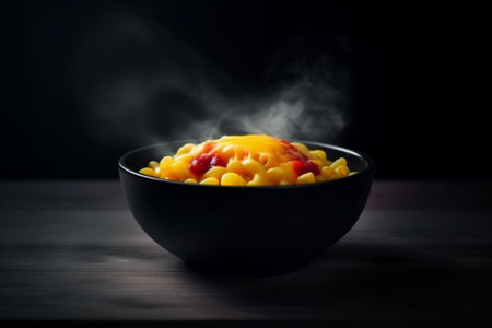 This illustration depicts a black plate of steaming hot cheese macaroni, representing the comforting and indulgent nature of this classic dish. Ai generatedの素材