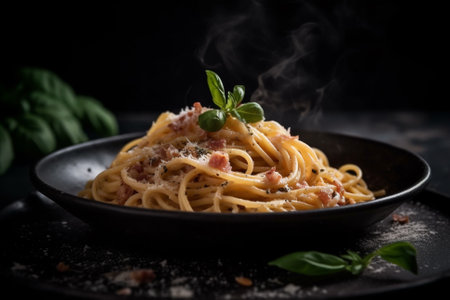 This illustration depicts a delicious black plate of classic Italian pasta carbonara, with creamy sauce, crispy pancetta, and grated Parmigiano cheese on top. Ai generatedの素材