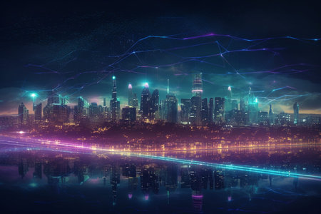 This illustration depicts a futuristic city skyline with connected lines and dots, representing a city that is heavily focused on communication and connectivity. Ai generatedの素材