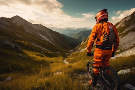 Biker on a mountain trail, waiting to go downhill while surrounded by a stunning landscape. This illustration captures the excitement and adrenaline of mountain biking, and would be perfect for use in posters, advertisements, or any project related to adventure sports. Ai generatedの素材