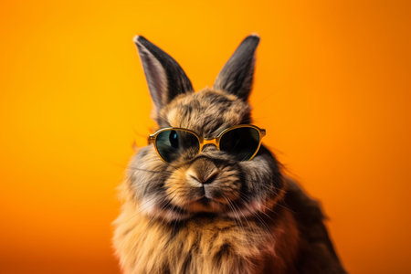This illustration captures a funny rabbit wearing sunglasses and posing with a funny face against a vibrant and colorful backdrop, representing the humor and playfulness of the animal kingdom. Ai generatedの素材