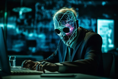 This illustration depicts a humanoid cyborg with half robot face typing on a computer, representing the future of artificial intelligence and robotics. Ai generatedの素材