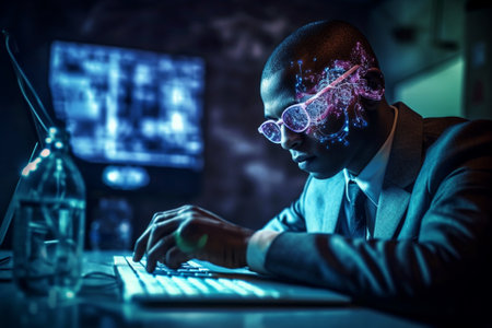 This illustration depicts a humanoid cyborg with half robot face typing on a computer, representing the future of artificial intelligence and robotics. Ai generatedの素材