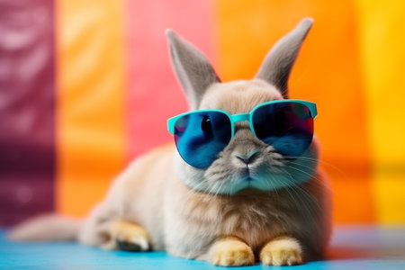 This illustration captures a funny rabbit wearing sunglasses and posing with a funny face against a vibrant and colorful backdrop, representing the humor and playfulness of the animal kingdom. Ai generatedの素材