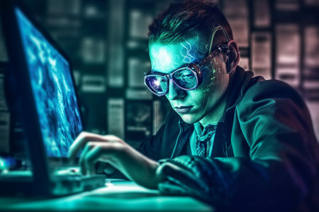 This illustration depicts a humanoid cyborg with half robot face typing on a computer, representing the future of artificial intelligence and robotics. Ai generatedの素材