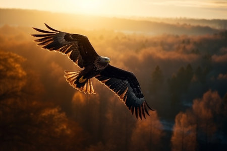 Illustration of an eagle soaring with its wings spread wide against a warm sunset on the horizon, representing the freedom and greatness of the animal kingdom. This illustration captures the beauty and power of nature, and would be perfect for use in posters, advertisements, or any project related to wildlife and conservation. Ai generatedの素材