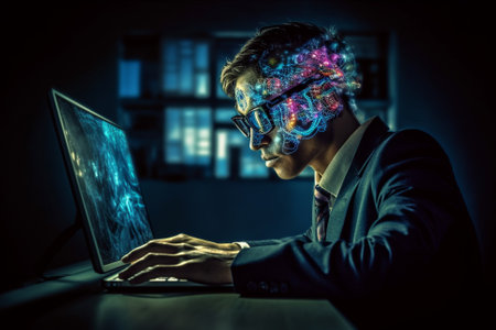 This illustration depicts a humanoid cyborg with half robot face typing on a computer, representing the future of artificial intelligence and robotics. Ai generatedの素材