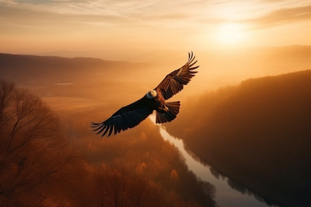 Illustration of an eagle soaring with its wings spread wide against a warm sunset on the horizon, representing the freedom and greatness of the animal kingdom. This illustration captures the beauty and power of nature, and would be perfect for use in posters, advertisements, or any project related to wildlife and conservation. Ai generatedの素材