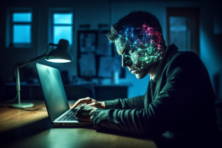 This illustration depicts a humanoid cyborg with half robot face typing on a computer, representing the future of artificial intelligence and robotics. Ai generatedの素材