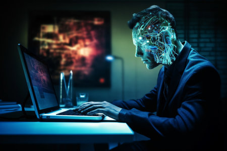 This illustration depicts a humanoid cyborg with half robot face typing on a computer, representing the future of artificial intelligence and robotics. Ai generatedの素材