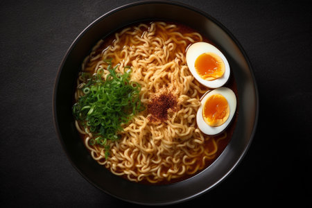 A mouth-watering illustration featuring a delicious bowl of Japanese ramen soup in a black bowl. This illustration is characterized by its vibrant colors and attention to detail, and would be perfect for use in food blogs, restaurant menus, or any project related to Japanese cuisine and culture. Ai generatedの素材