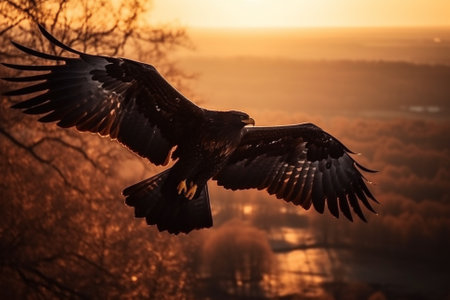 Illustration of an eagle soaring with its wings spread wide against a warm sunset on the horizon, representing the freedom and greatness of the animal kingdom. This illustration captures the beauty and power of nature, and would be perfect for use in posters, advertisements, or any project related to wildlife and conservation. Ai generatedの素材