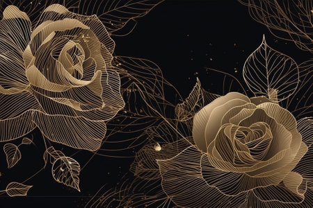 An elegant and luxurious illustration featuring a background with gold flowers made of thin golden lines on a dark background, creating a delicate floral texture. This illustration exudes opulence and glamour and would be perfect for use in wedding invitations, stationery, or any project related to high-end design. Ai generatedの素材
