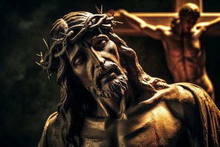 An emotional and powerful illustration featuring Jesus Christ on the cross, suffering for the sins of mankind. The head detail of Jesus Christ captures his anguish and sorrow, and would be perfect for use in religious materials, church websites, or any project related to Christian faith. Ai geheratedの素材