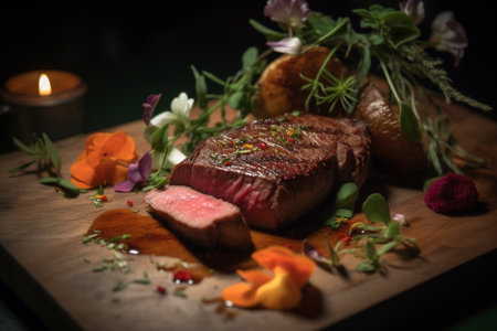 A mouth-watering illustration of a juicy medium rare steak on a wooden board, garnished with vegetables and rosemary. This illustration captures the deliciousness and indulgence of a perfectly cooked steak, and would be perfect for use in menus, food blogs, or any project related to culinary arts. Ai generatedの素材