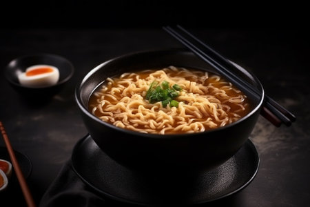 A mouth-watering illustration featuring a delicious bowl of Japanese ramen soup in a black bowl. This illustration is characterized by its vibrant colors and attention to detail, and would be perfect for use in food blogs, restaurant menus, or any project related to Japanese cuisine and culture. Ai generatedの素材