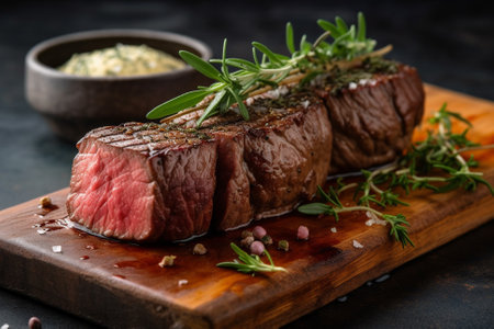 A mouth-watering illustration of a juicy medium rare steak on a wooden board, garnished with vegetables and rosemary. This illustration captures the deliciousness and indulgence of a perfectly cooked steak, and would be perfect for use in menus, food blogs, or any project related to culinary arts. Ai generatedの素材