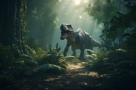 T-Rex dinosaur in the jungle, with its mouth open in a menacing growl, surrounded by lush vegetation and towering trees. The artwork is inspired by the Jurassic World concept. ai generatedの素材