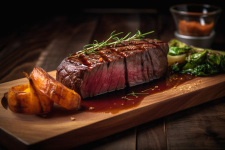A mouth-watering illustration of a juicy medium rare steak on a wooden board, garnished with vegetables and rosemary. This illustration captures the deliciousness and indulgence of a perfectly cooked steak, and would be perfect for use in menus, food blogs, or any project related to culinary arts. Ai generatedの素材