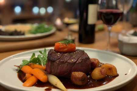 A mouth-watering illustration of a juicy medium rare steak on a wooden board, garnished with vegetables and rosemary. This illustration captures the deliciousness and indulgence of a perfectly cooked steak, and would be perfect for use in menus, food blogs, or any project related to culinary arts. Ai generatedの素材