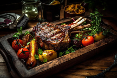 Juicy lamb chop steak on a black plate, adorned with vegetables and rosemary. This illustration captures the sumptuousness and sophistication of lamb chops, and would be perfect for use in menus, food blogs, or any project related to culinary arts.Ai generartedの素材