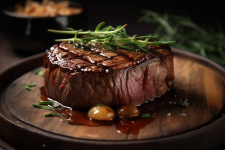 A mouth-watering illustration of a juicy medium rare steak on a wooden board, garnished with vegetables and rosemary. This illustration captures the deliciousness and indulgence of a perfectly cooked steak, and would be perfect for use in menus, food blogs, or any project related to culinary arts. Ai generatedの素材