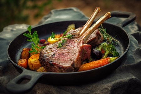 Juicy lamb chop steak on a black plate, adorned with vegetables and rosemary. This illustration captures the sumptuousness and sophistication of lamb chops, and would be perfect for use in menus, food blogs, or any project related to culinary arts.Ai generartedの素材