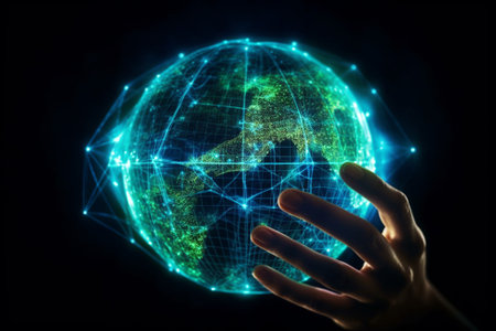 Illustration of a Digital planet inside the palm of a human hand, with transparent surfaces and bioluminescent lights, set against a dark background. Ai generatedの素材