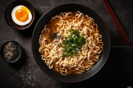 A mouth-watering illustration featuring a delicious bowl of Japanese ramen soup in a black bowl. This illustration is characterized by its vibrant colors and attention to detail, and would be perfect for use in food blogs, restaurant menus, or any project related to Japanese cuisine and culture. Ai generatedの素材
