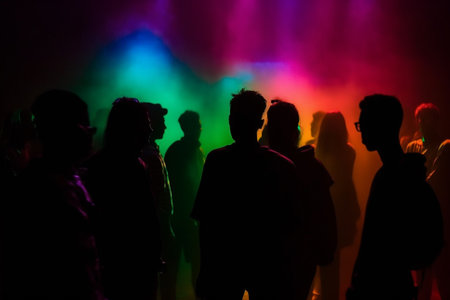 This illustration depicts a lively and colorful disco party scene with black silhouettes of people dancing against a vibrant neon-lit background with disco balls and spotlights. Ai generatedの素材