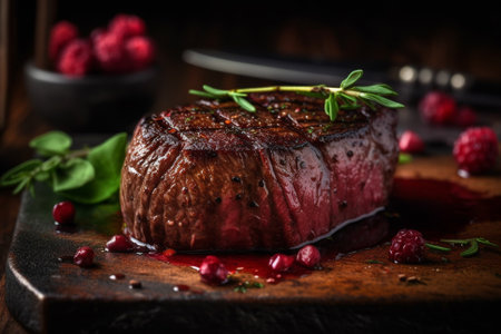 A mouth-watering illustration of a juicy medium rare steak on a wooden board, garnished with vegetables and rosemary. This illustration captures the deliciousness and indulgence of a perfectly cooked steak, and would be perfect for use in menus, food blogs, or any project related to culinary arts. Ai generatedの素材