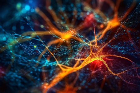 This illustration depicts the communication between neurons via synapses. The neurons are shown as grey cells with dendrites extending outwards, while the synapses are illustrated as small gaps between the cells where neurotransmitters are released. Ai generatedの素材