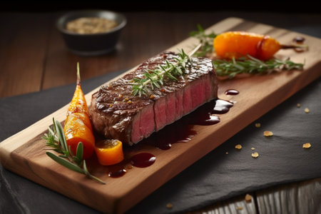 A mouth-watering illustration of a juicy medium rare steak on a wooden board, garnished with vegetables and rosemary. This illustration captures the deliciousness and indulgence of a perfectly cooked steak, and would be perfect for use in menus, food blogs, or any project related to culinary arts. Ai generatedの素材