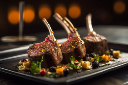 Juicy lamb chop steak on a black plate, adorned with vegetables and rosemary. This illustration captures the sumptuousness and sophistication of lamb chops, and would be perfect for use in menus, food blogs, or any project related to culinary arts.Ai generartedの素材
