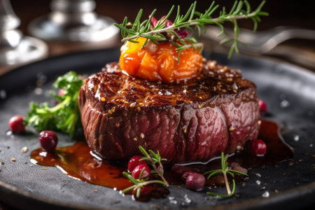 A mouth-watering illustration of a juicy medium rare steak on a wooden board, garnished with vegetables and rosemary. This illustration captures the deliciousness and indulgence of a perfectly cooked steak, and would be perfect for use in menus, food blogs, or any project related to culinary arts. Ai generatedの素材