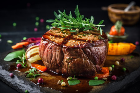 A mouth-watering illustration of a juicy medium rare steak on a wooden board, garnished with vegetables and rosemary. This illustration captures the deliciousness and indulgence of a perfectly cooked steak, and would be perfect for use in menus, food blogs, or any project related to culinary arts. Ai generatedの素材