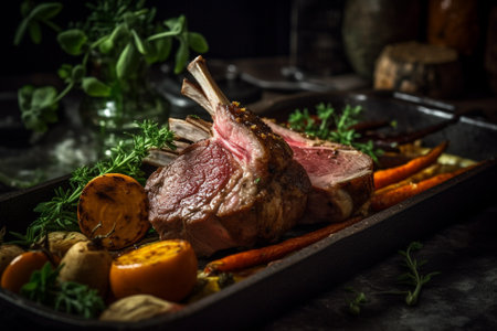 Juicy lamb chop steak on a black plate, adorned with vegetables and rosemary. This illustration captures the sumptuousness and sophistication of lamb chops, and would be perfect for use in menus, food blogs, or any project related to culinary arts.Ai generartedの素材