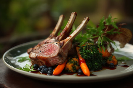 Juicy lamb chop steak on a black plate, adorned with vegetables and rosemary. This illustration captures the sumptuousness and sophistication of lamb chops, and would be perfect for use in menus, food blogs, or any project related to culinary arts.Ai generartedの素材