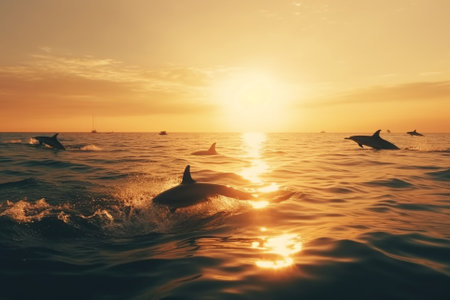 Dolphins leaping out of the water at sunset, as if celebrating the freedom and beauty of life. The image evokes a sense of wonder and awe, inviting the viewer to share in the magic of nature. Ai generatedの素材