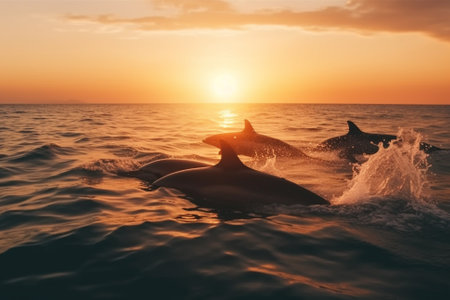 Dolphins leaping out of the water at sunset, as if celebrating the freedom and beauty of life. The image evokes a sense of wonder and awe, inviting the viewer to share in the magic of nature. Ai generatedの素材