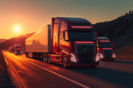 Electric truck driving on the highway at sunset, embodying the promise of sustainable transportation. The image represents the shift towards eco-friendly and efficient vehicles, promoting a cleaner and greener future. Ai generatedの素材