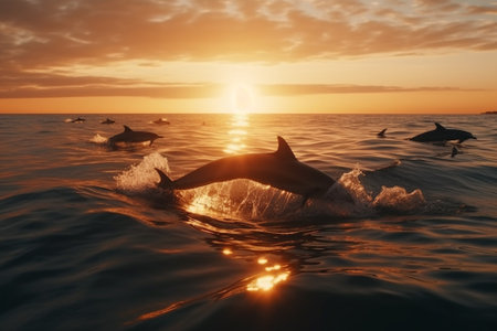 Dolphins leaping out of the water at sunset, as if celebrating the freedom and beauty of life. The image evokes a sense of wonder and awe, inviting the viewer to share in the magic of nature. Ai generatedの素材