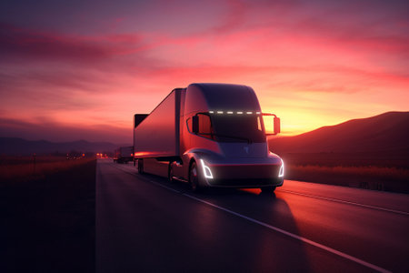 Electric truck driving on the highway at sunset, embodying the promise of sustainable transportation. The image represents the shift towards eco-friendly and efficient vehicles, promoting a cleaner and greener future. Ai generatedの素材