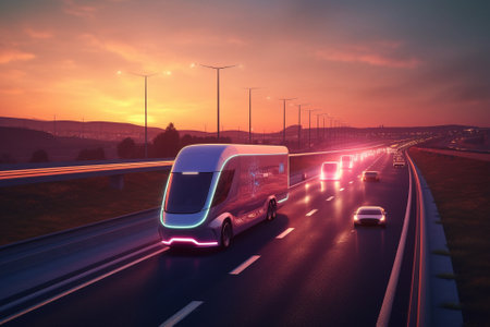 Electric truck driving on the highway at sunset, embodying the promise of sustainable transportation. The image represents the shift towards eco-friendly and efficient vehicles, promoting a cleaner and greener future. Ai generatedの素材