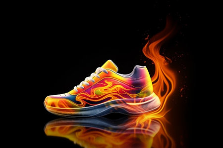 Sport shoe with flames of fire, symbolizing the intensity and passion of sports. The image captures the excitement and energy of competition, inspiring athletes to push their limits and strive for excellence. Ai generatedの素材