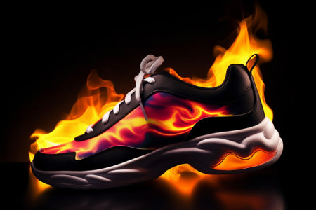 Sport shoe with flames of fire, symbolizing the intensity and passion of sports. The image captures the excitement and energy of competition, inspiring athletes to push their limits and strive for excellence. Ai generatedの素材